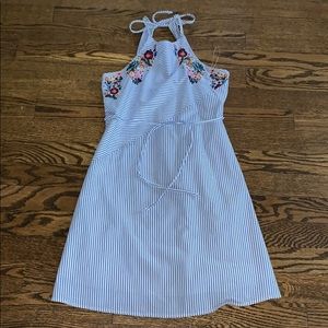 Girls white and blue pinstripe dress